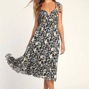Lulu’s Loveliness Black Floral Lurex Tie-Strap Midi Dress